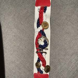Vintage 80s Nautical Braided Rope elastic Belt Red White Blue Gold Medallion 28”